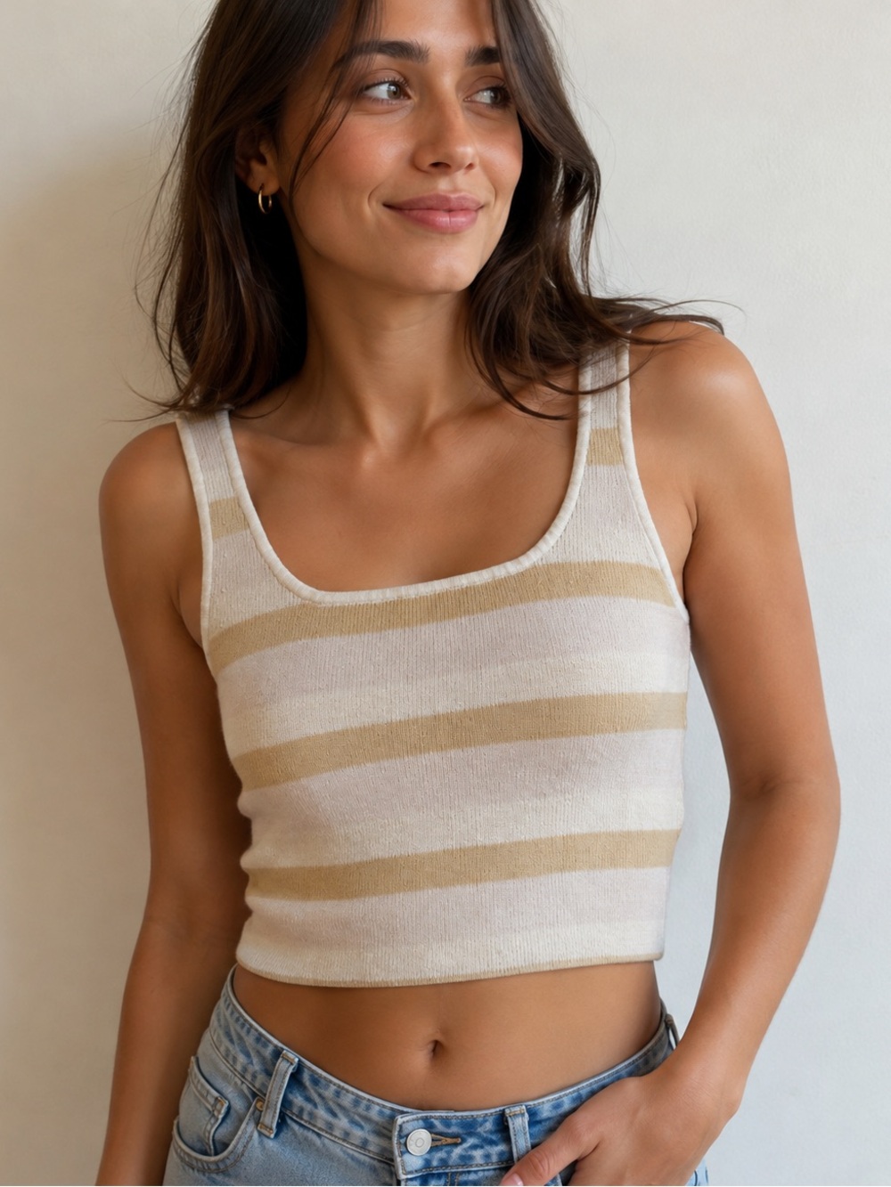 Babaton Striped Scoop Neck Tank Top in Cream and Tan xsmall